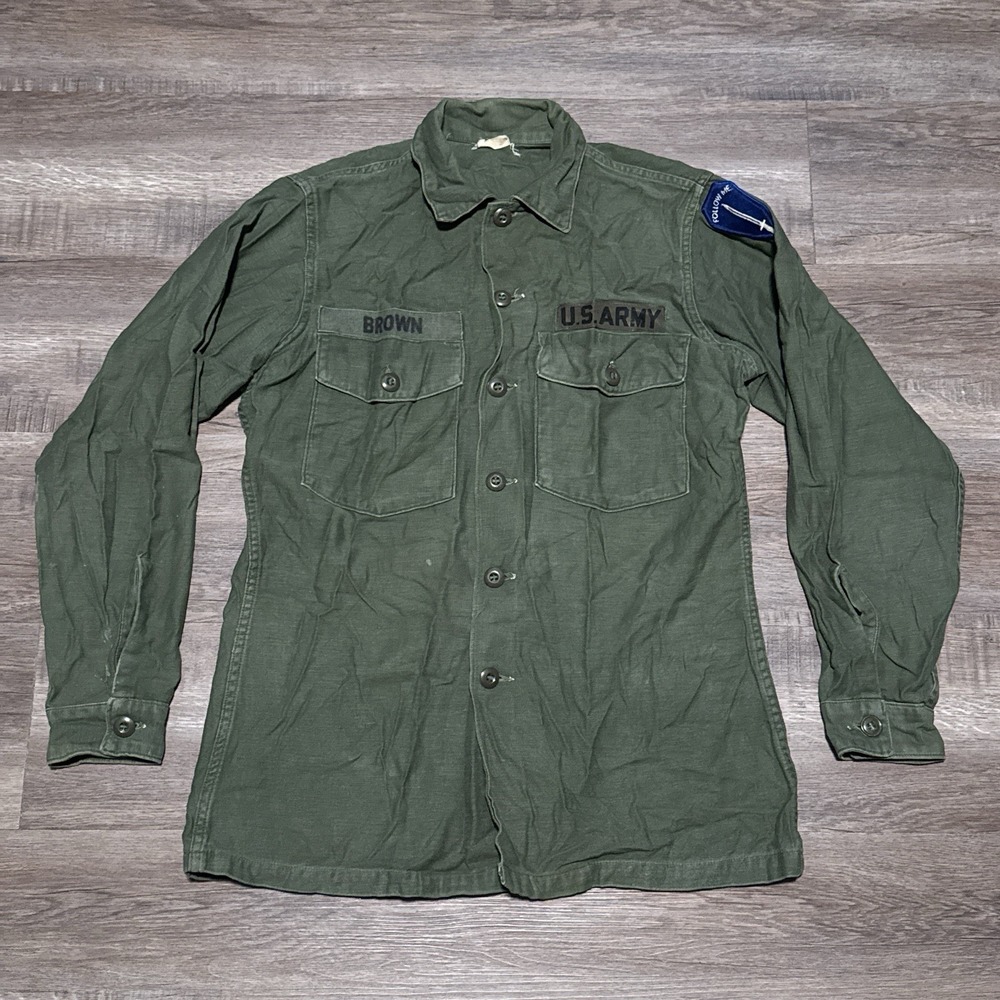 Vintage US Army Shirt Green OG-107 Cotton Sateen Vietnam 60s Follow Me 15.5x33 B